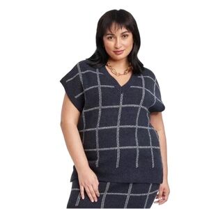 a new day Navy and White Grid Pattern V-Neck Sweater Vest Size L NWT